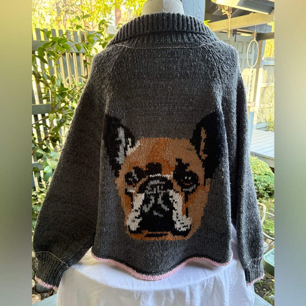 Pilcro Charcoal Gray Cardigan with Dog Intarsia and Pink Trim